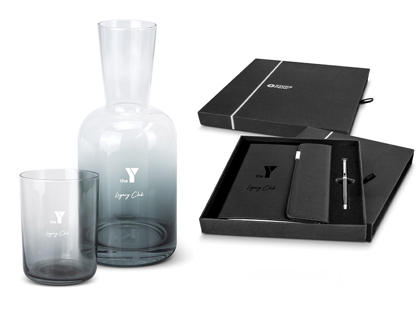 YMCA decanter cup notebook and pen