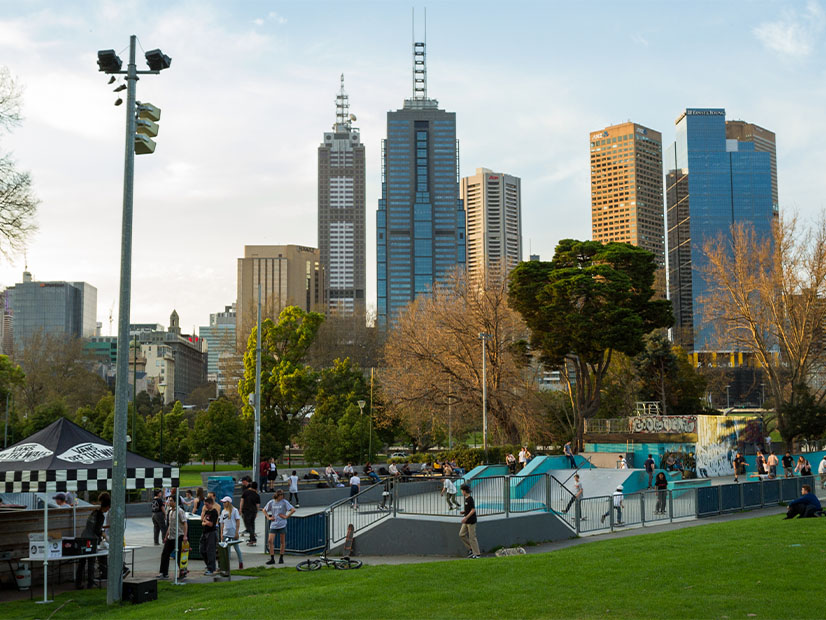 View of Melbourne city buildings and skate park